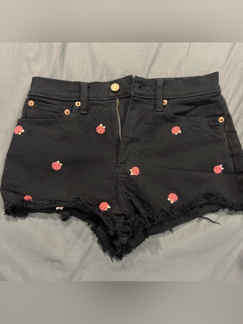 Victoria's Secret Black Denim Shorts with Pink Rose Embroidery size 2